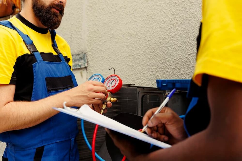 técnicos evaluando bomba de calor en caldera