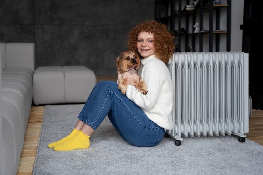 mujer con su perro junto a calefacción