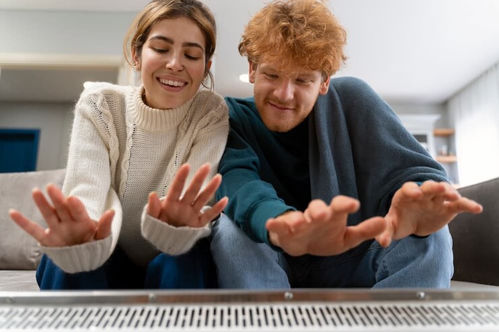 pareja calentando sus manos en calefacción